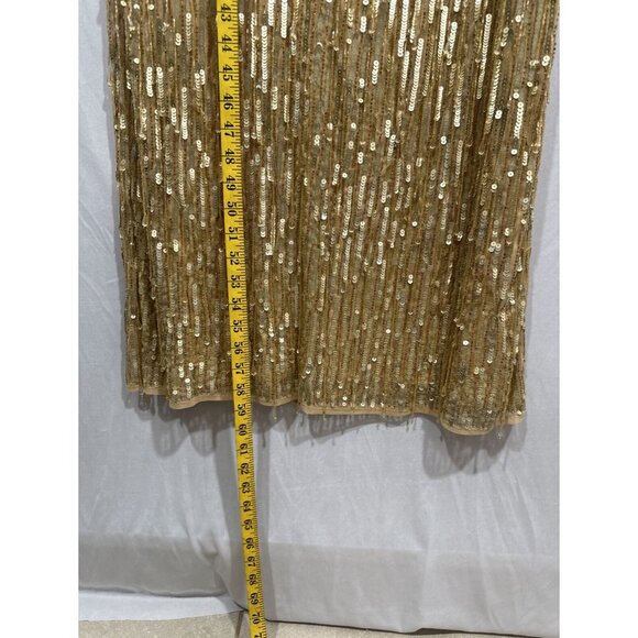 NWT $598 Mac Duggal [ 12 ] Sequined Long Sleeve V Neck Beaded Fringe Gown Gold‎ - Picture 7 of 15
